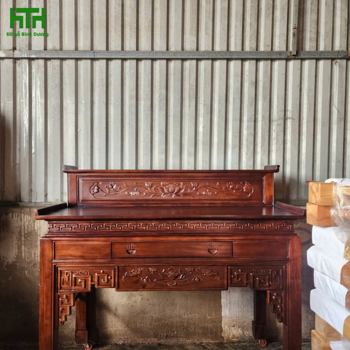 BÀN THỜ 2 TẦNG GỖ TRÀM BÔNG VÀNG LỰA LÕI SƠN MÀU ÓC CHÓ 1m54