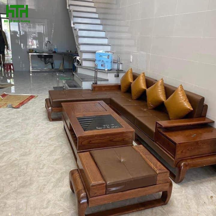 BỘ SALON GÓC L MẪU CHÂN ĐÙI GÀ GỖ SỒI VẾ PHẢI 