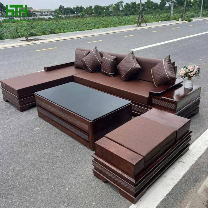 BỘ SOFA GÓC GỖ SỒI MẪU CHÂN PHÁO CÁNH TIÊN VẾ PHẢI