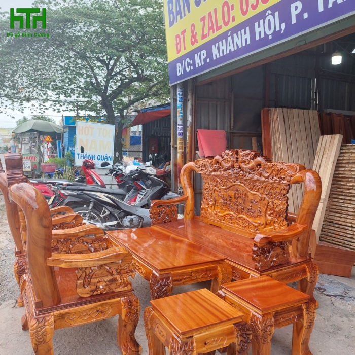 BỘ BÀN GHẾ GỖ TRÀM BÔNG VÀNG TAY 12 RỒNG BÁT TIÊN 