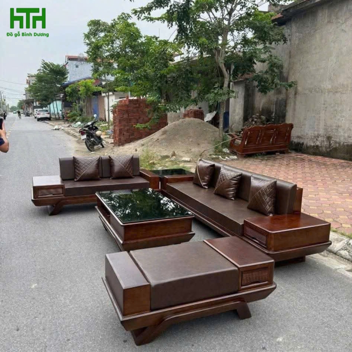 SOFA 2 VĂNG GỖ SỒI MẪU CHÂN THUYỀN VẾ PHẢI  