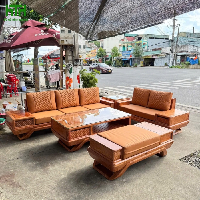 SOFA GÓC 2 VĂNG CHÂN THUYỀN GỖ HƯƠNG ĐÁ HÀNG DÀY 