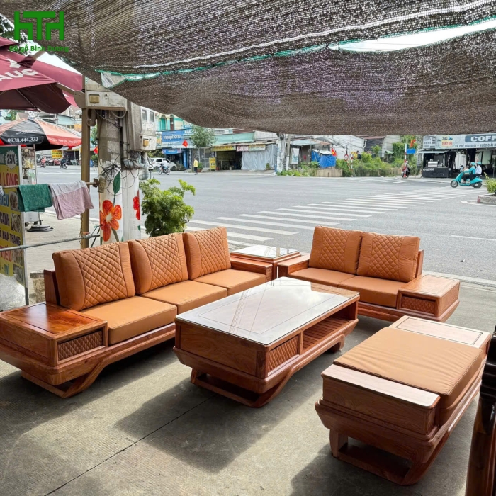 SOFA GÓC 2 VĂNG CHÂN THUYỀN GỖ HƯƠNG ĐÁ HÀNG DÀY 
